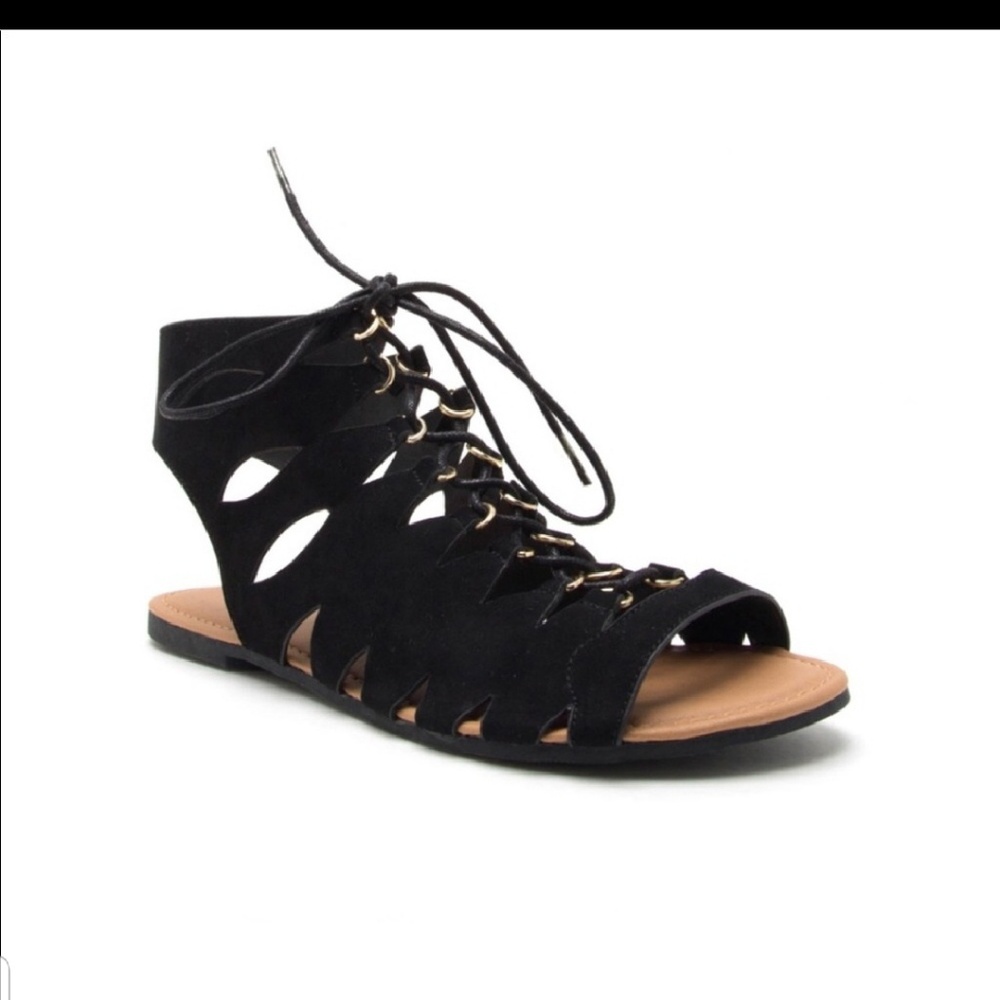 🖤1 SIZE 6 LEFT! BLACK VEGAN SUEDE LACE UP SANDLES - Picture 2 of 3
